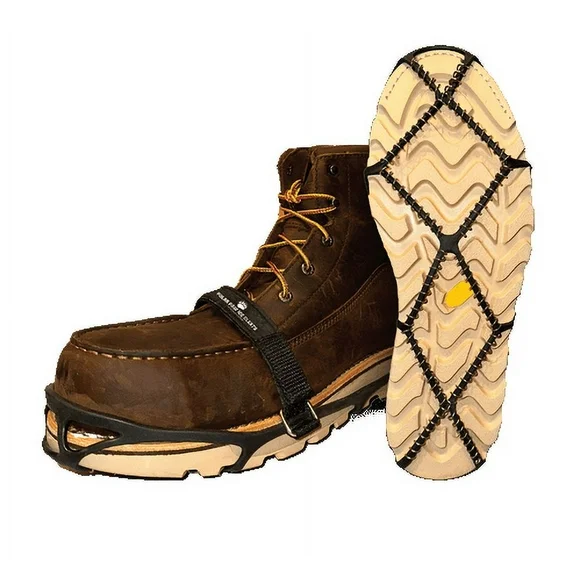Brown work boot fitted with a Polar Paw ice cleat, shown from the side and sole