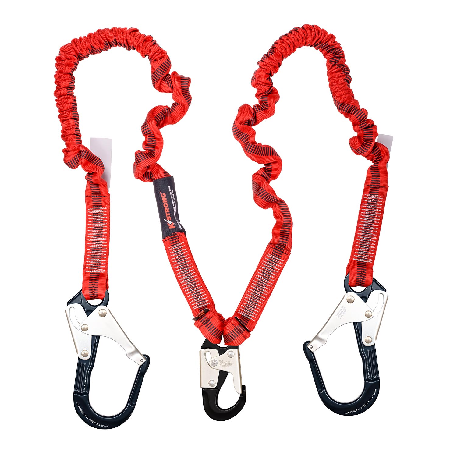 KStrong 4.5 – 6 ft. Twin Leg 100% Tie-Off Elasticated Design Shock Absorbing Lanyard with (1) Aluminum Snap Hook and (2) Aluminum Rebar Hooks