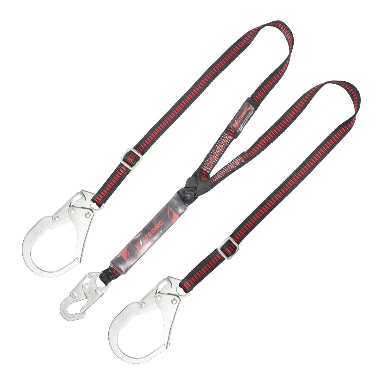 KStrong 4.5 – 6 ft. Adjustable Twin Leg 100% Tie-off Clear Pack Design Shock Absorbing Lanyard with (1) Snap Hook and (2) Rebar Hooks