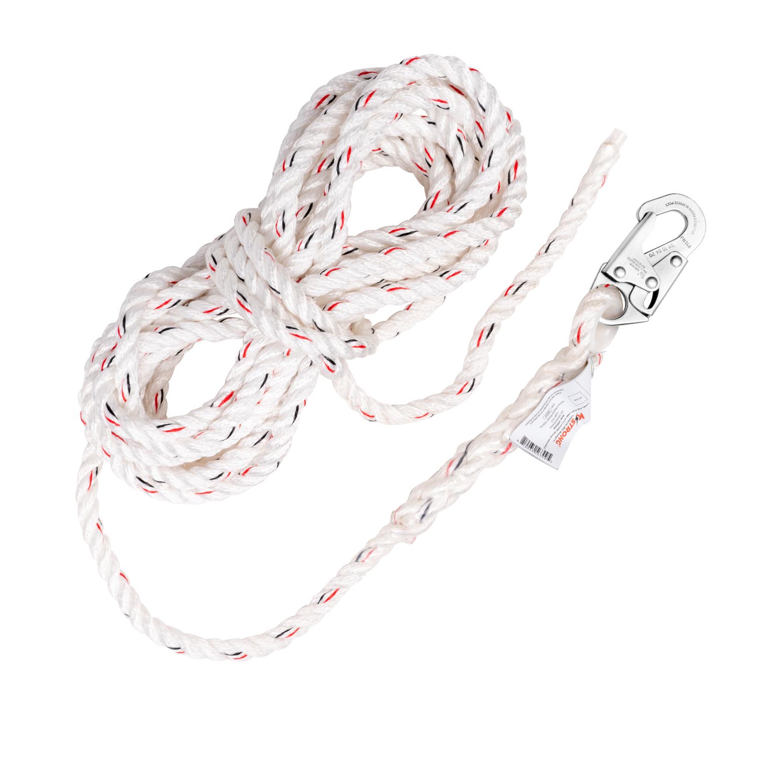 KStrong 100 ft. Vertical White Polydac Rope Lifeline, Locking Snap hook on anchor end, other end cut and taped