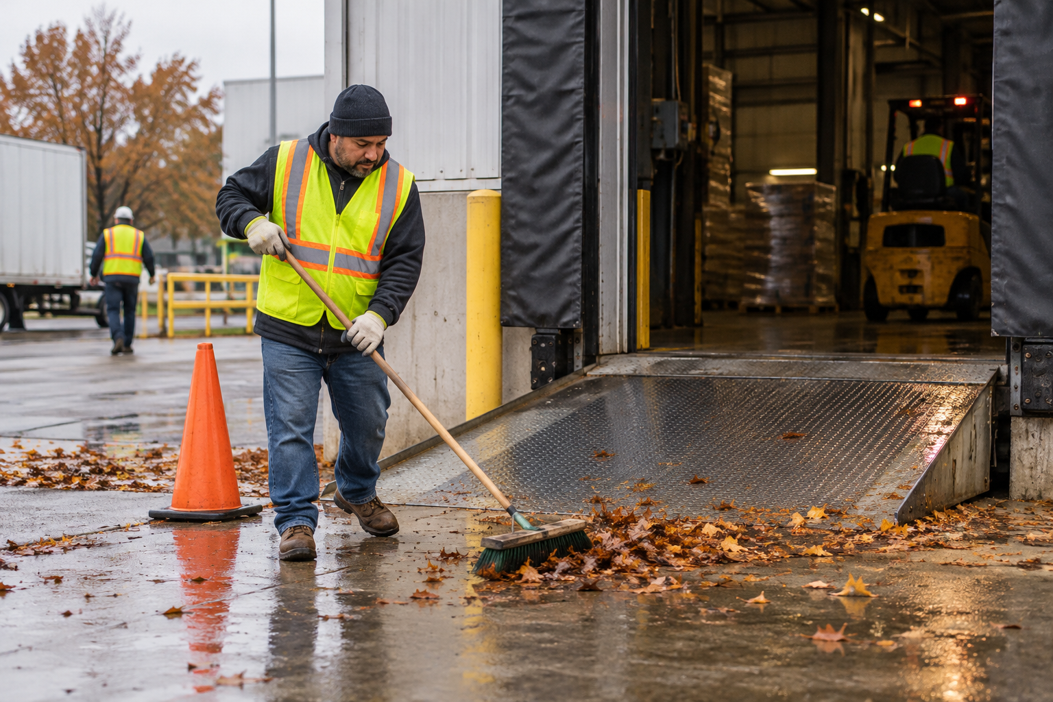 Wet leaves: Keep traction on ramps and dock plates