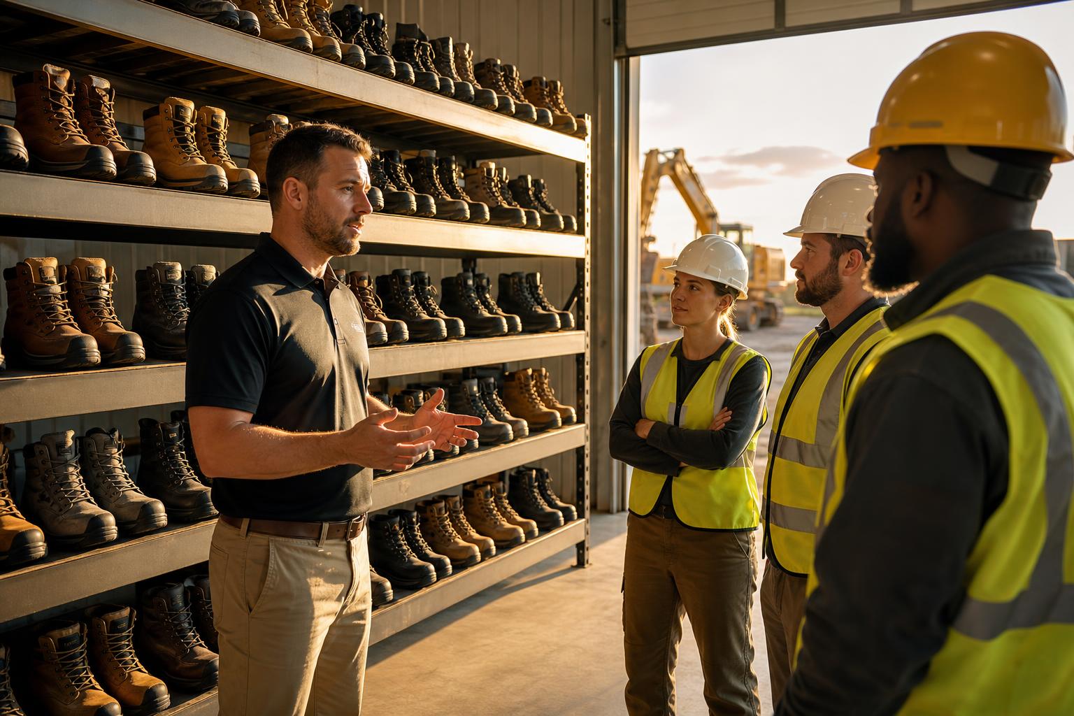 Rows of work boots lined up in a work garage while a Firebrand Safety specialist consults with a crew before fitting