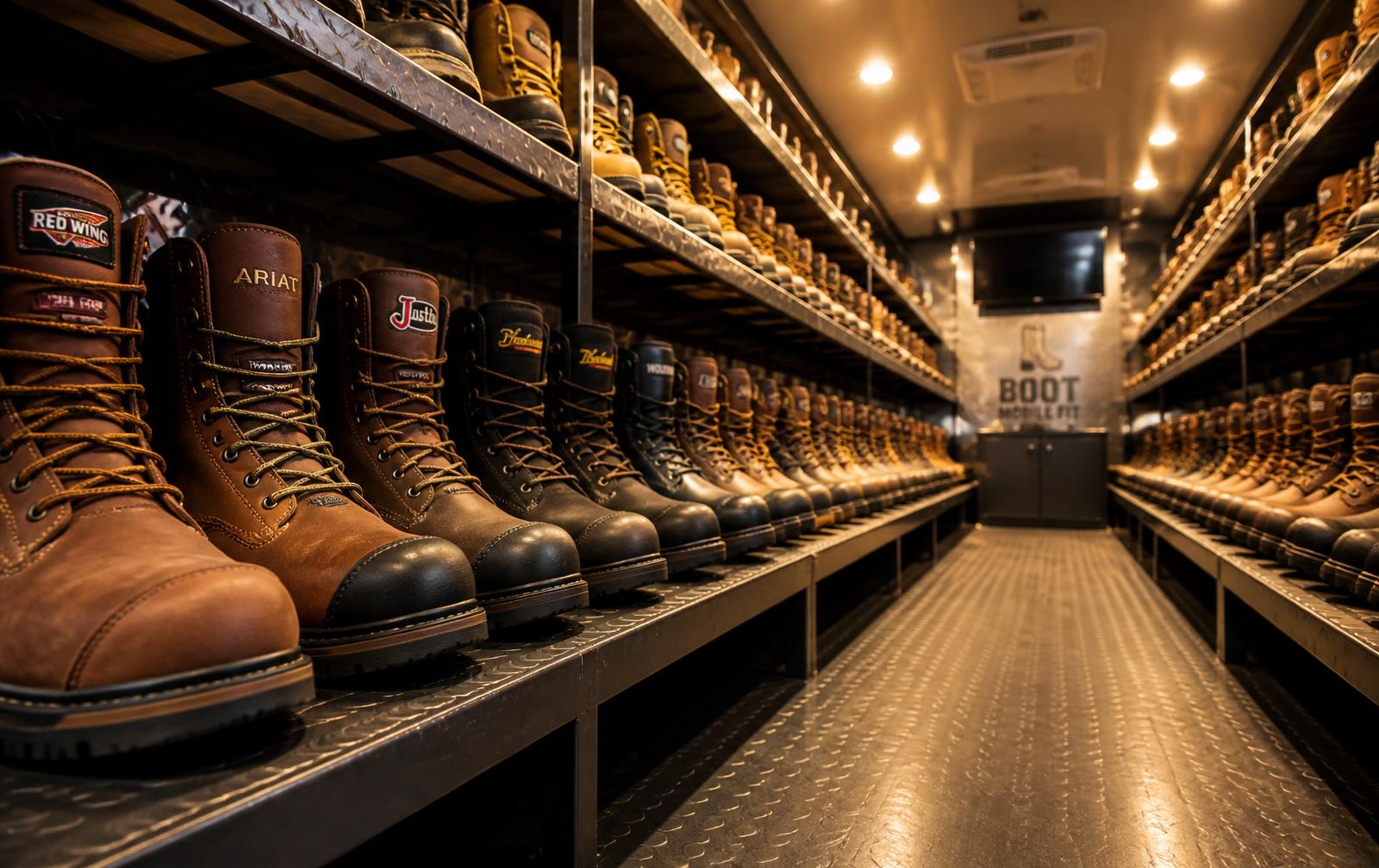 Rows of premium work boots lined up on shelving inside the Firebrand Safety mobile fitting trailer, ready for on-site crew fittings
