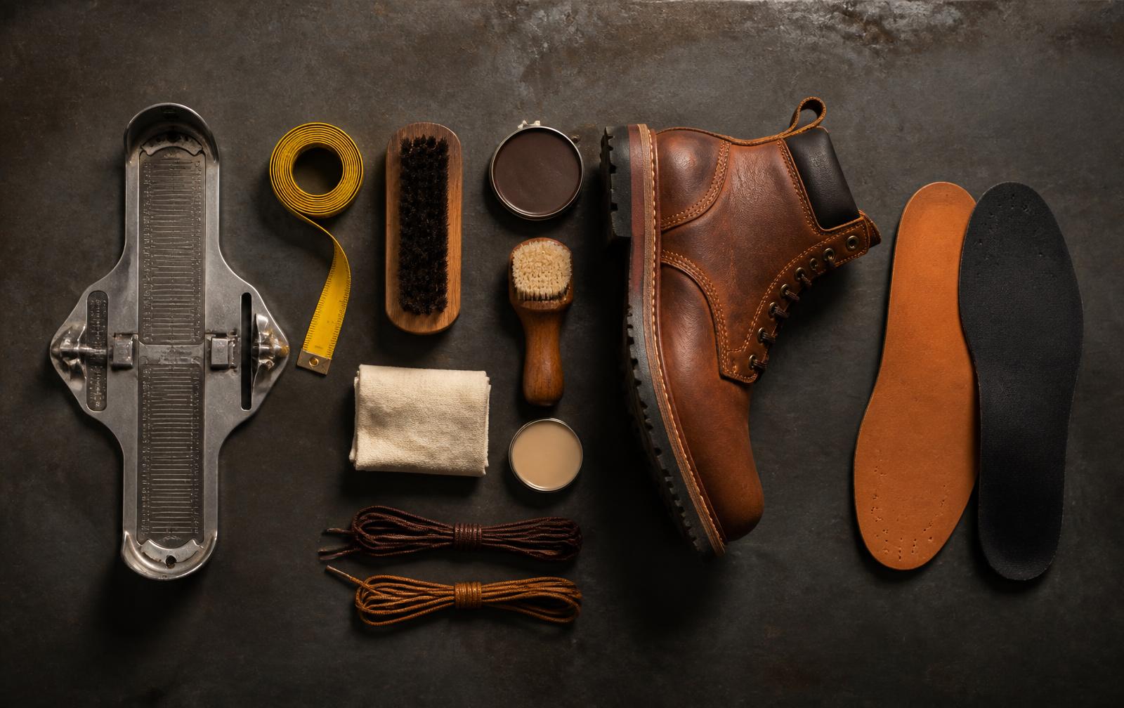 Professional boot sizing tools — Brannock device, measuring tape, insoles and leather care