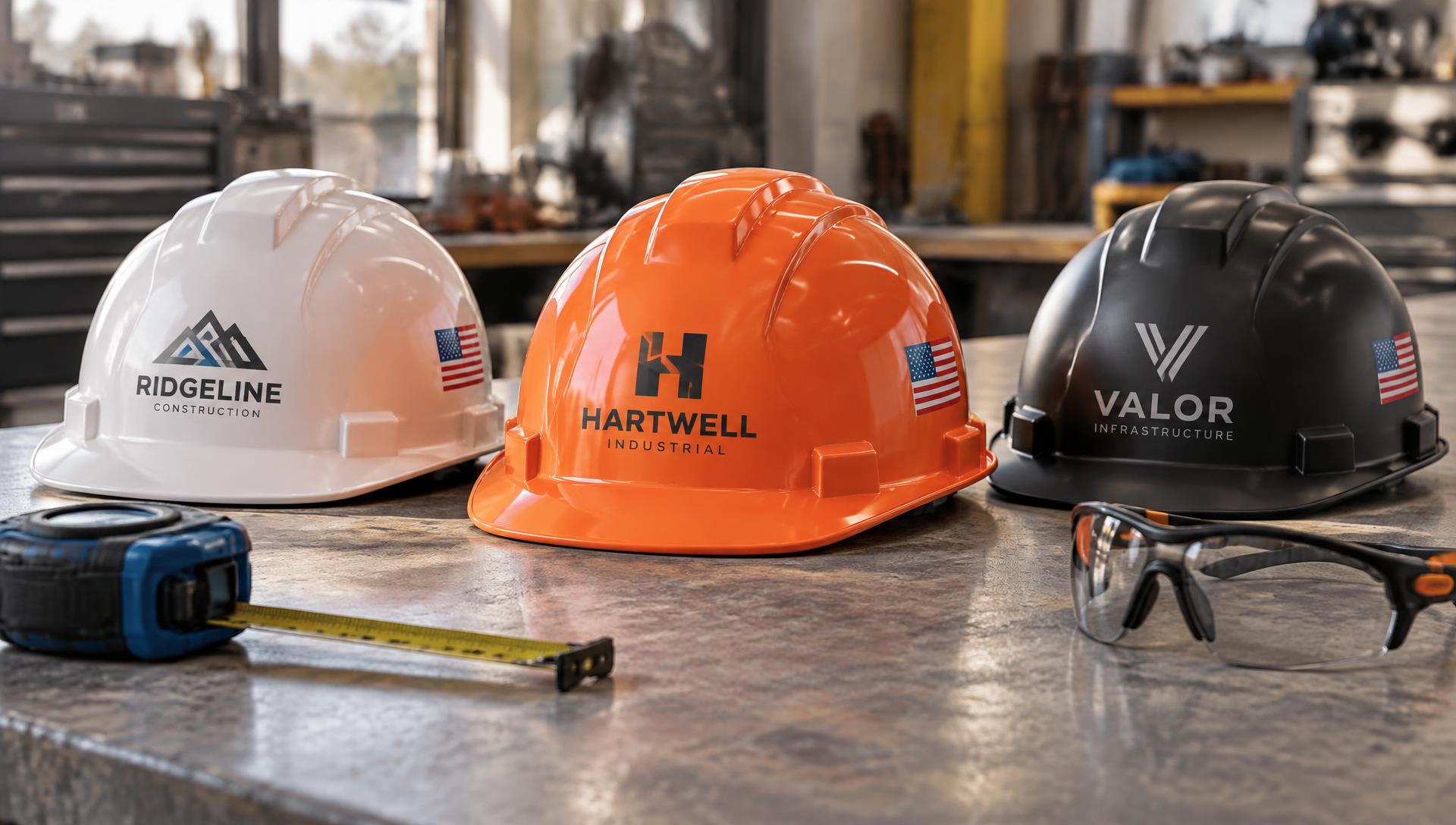 Custom-branded Pyramex hard hats with company logos