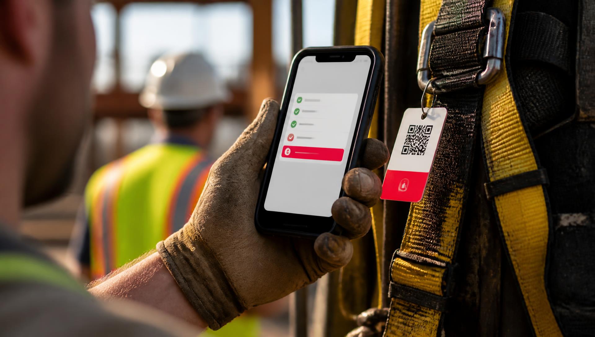 A worker scanning a QR tag on a safety harness with the DropShield mobile app