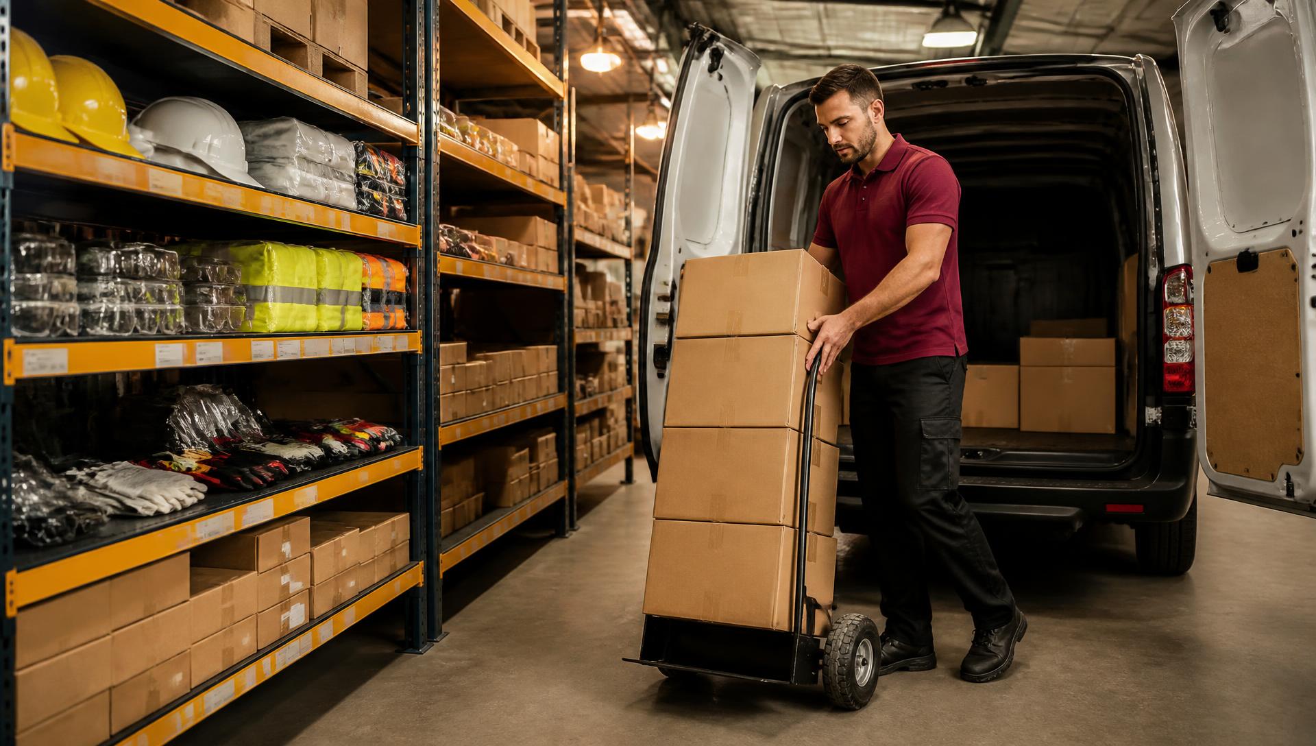 A Firebrand team member loading stocked safety supplies from warehouse shelves into a delivery van