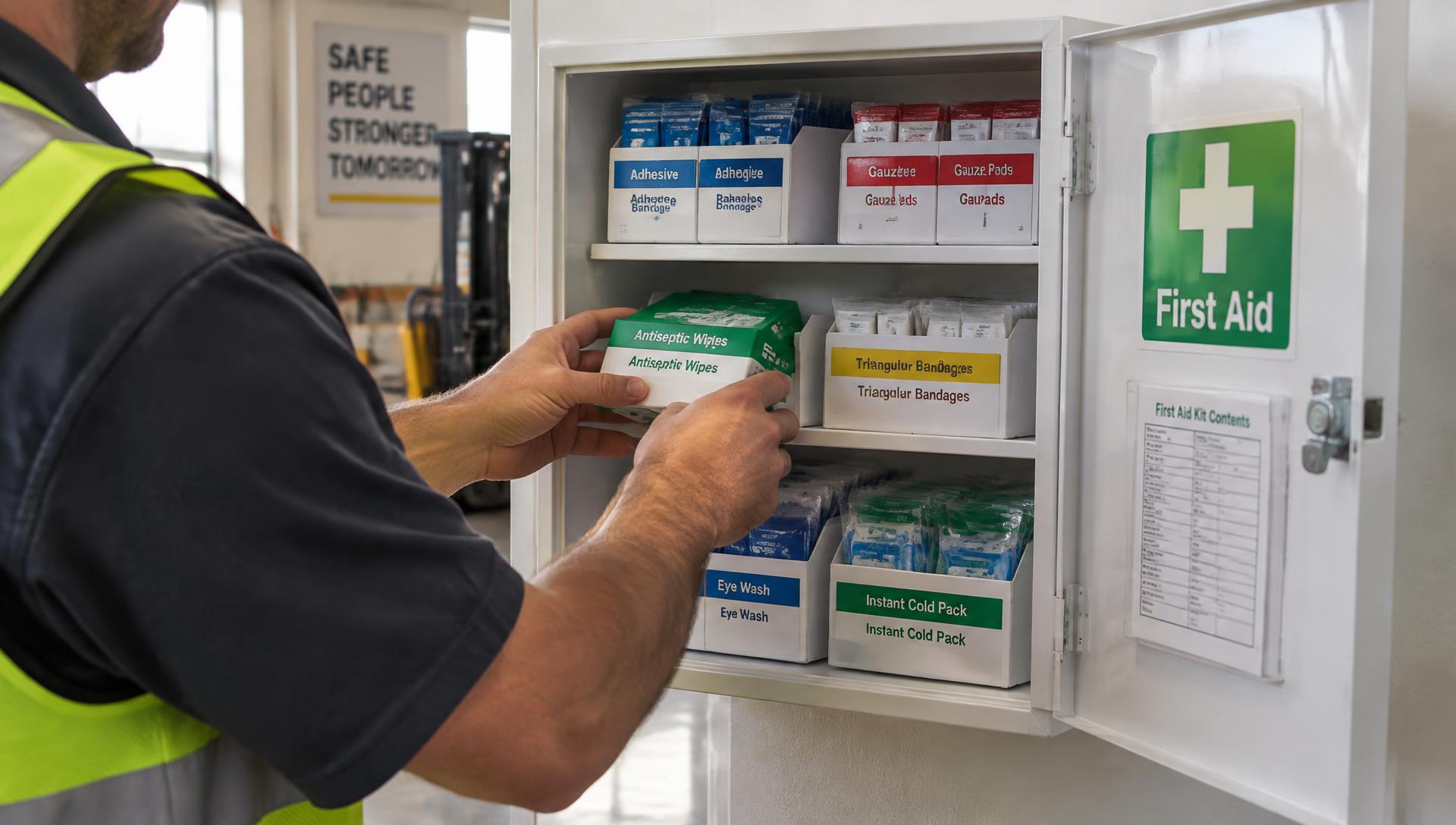 A Firebrand technician restocking labeled refill boxes inside a wall-mounted first aid cabinet