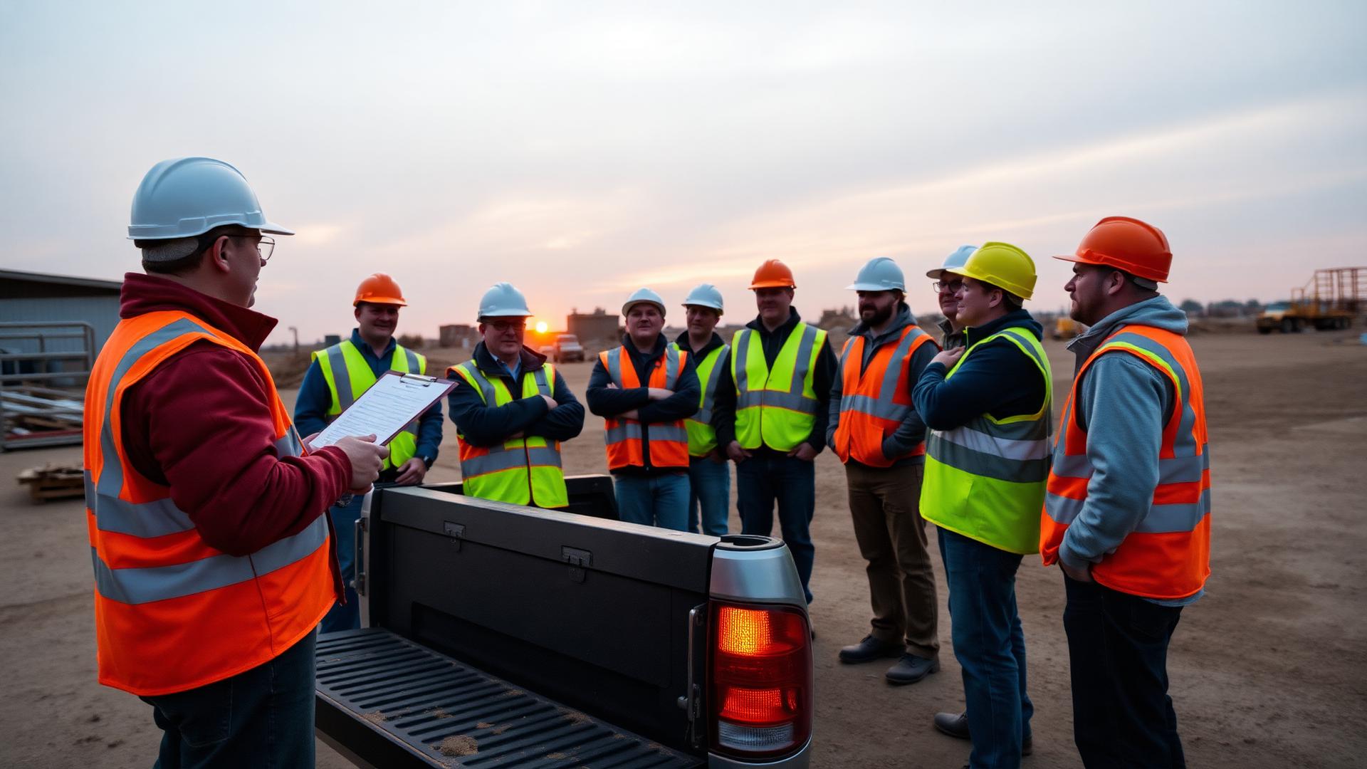 Foreman leading a morning toolbox talk with a crew at sunrise