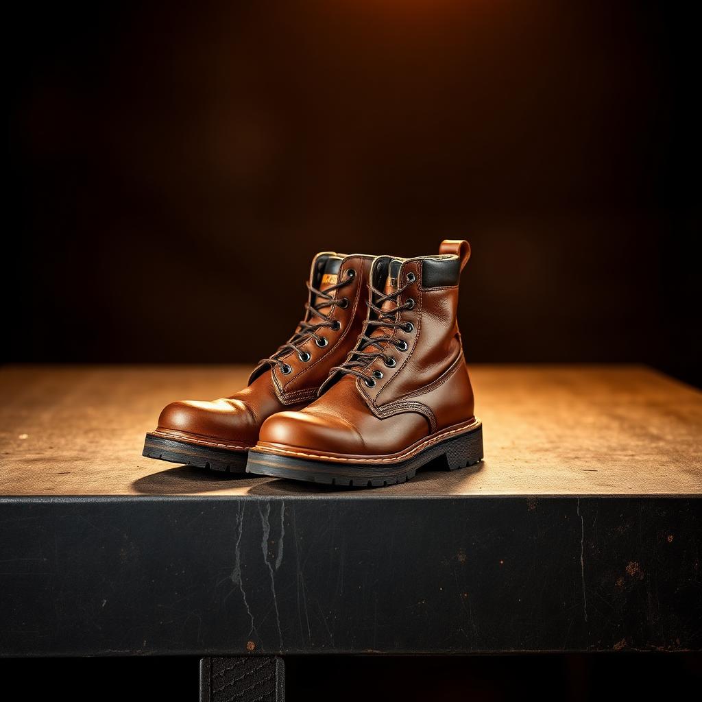 Premium leather work boots on a steel workbench
