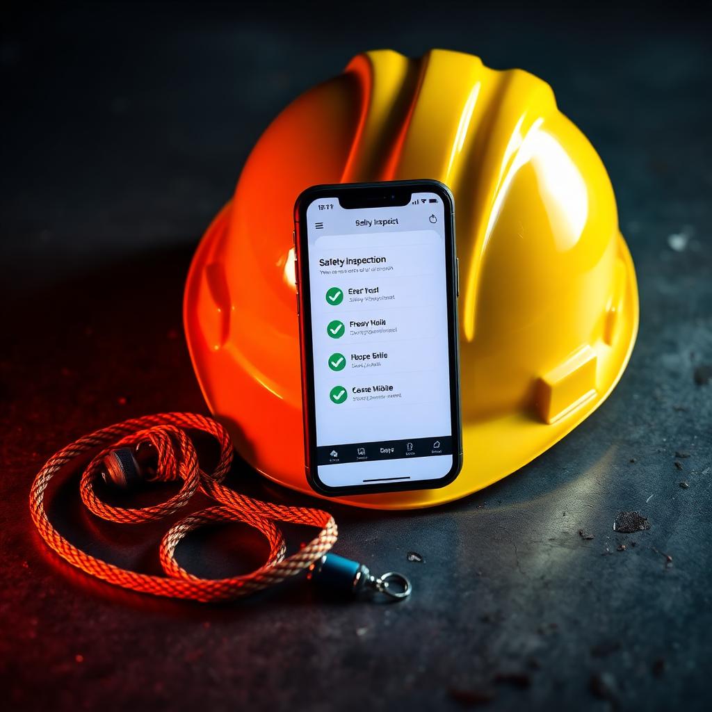 Smartphone showing a safety inspection app beside a hard hat