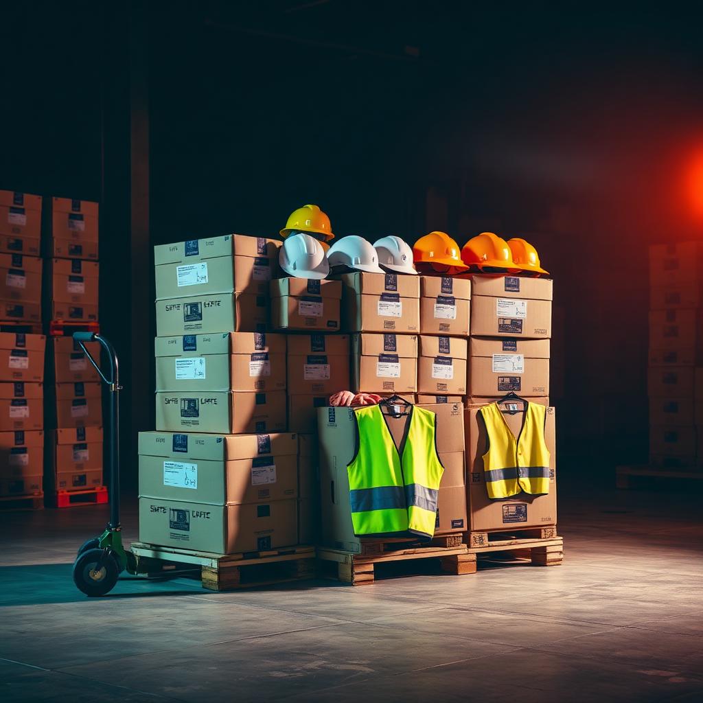 Pallets of stocked safety supplies in a warehouse