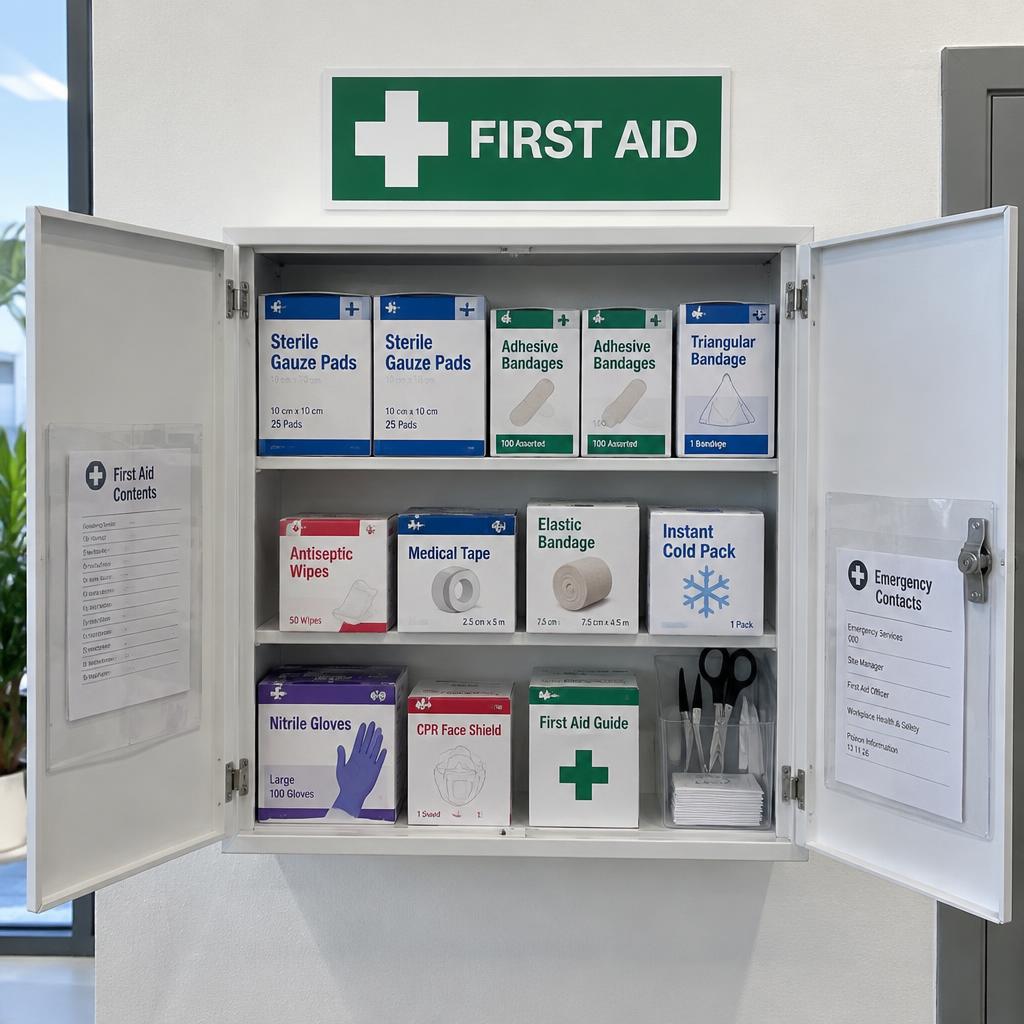 Open wall-mounted first aid cabinet stocked with labeled refill boxes