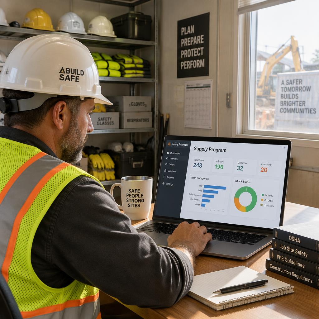 Safety manager reviewing a supply program dashboard in a jobsite office